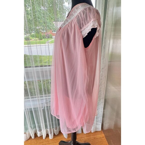 Vintage 1960s nightgown, pink sheer negligee, trapeze swing, short peignoir - Picture 3 of 9